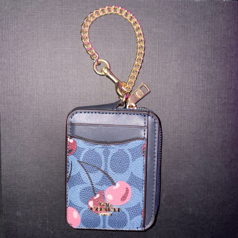 Coach Blue and Pink Cherry Card Holder with Gold Chain